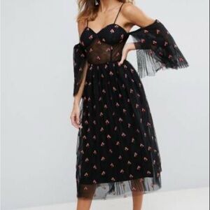 ASOS Floral Black Mesh Dress with Corset Details